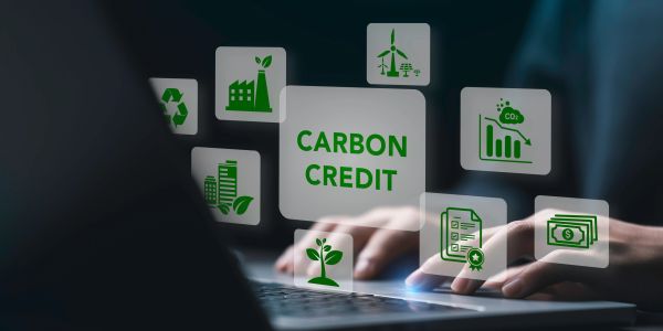 Concept of carbon credit with green icons and hands typing on keyboard.