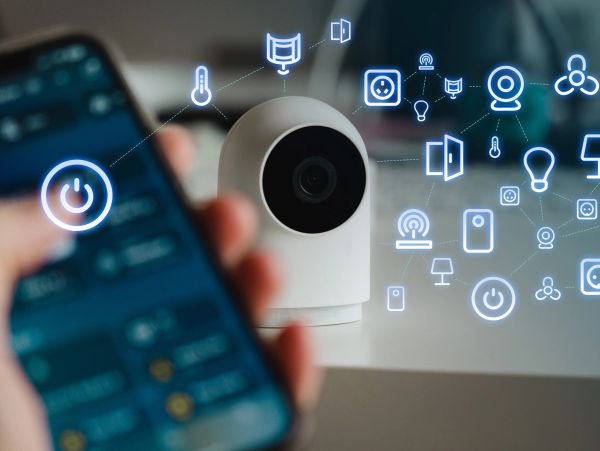 Smart home security camera controlled via smartphone.