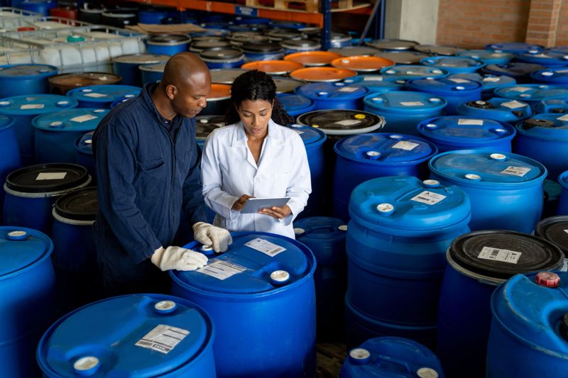 Female foreperson talking to a blue-collar worker at a chemical plant while doing an inventory on some barrels