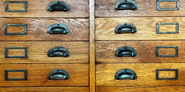 Close-up of vintage wooden drawers with metal handles and label holders.