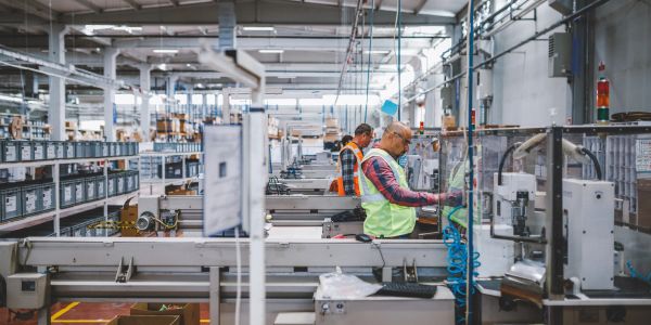 Workers in a factory assembling products.