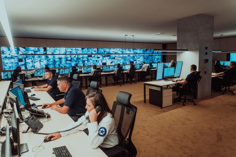 Group of Security data center operators working in a CCTV monitoring room looking on multiple monitors.Officers Monitoring Multiple Screens for Suspicious Activities.