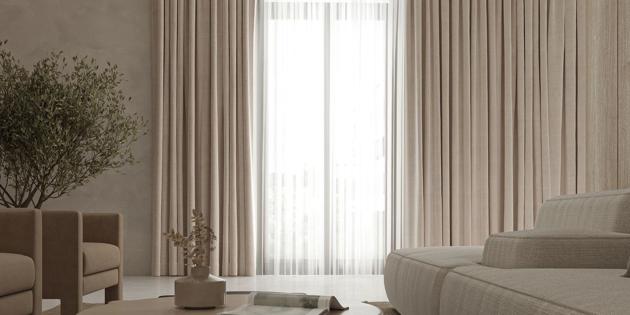 Minimalist living room with beige curtains and neutral-toned furniture.