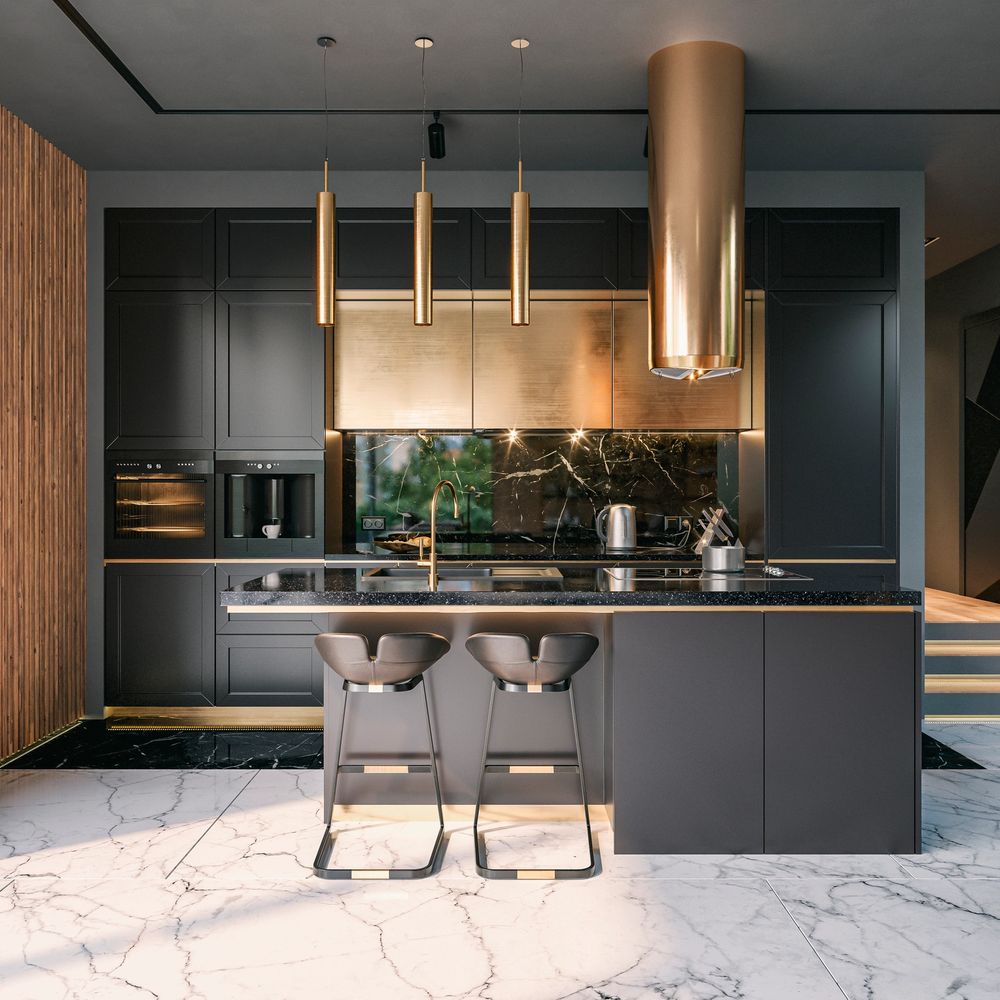 Modern kitchen with black cabinetry, gold accents, and marble flooring.