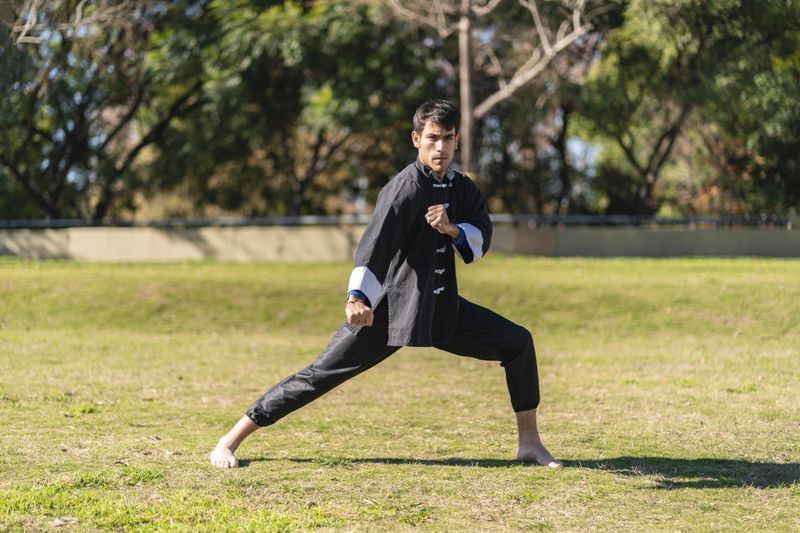 Young man practicing Kung Fu in the park