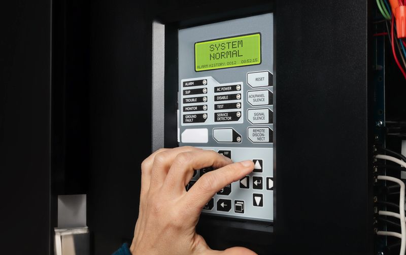 Single-stage fire alarm system in strata, residential or commercial building. Yearly checkup or trouble shooting problem. Selective focus.