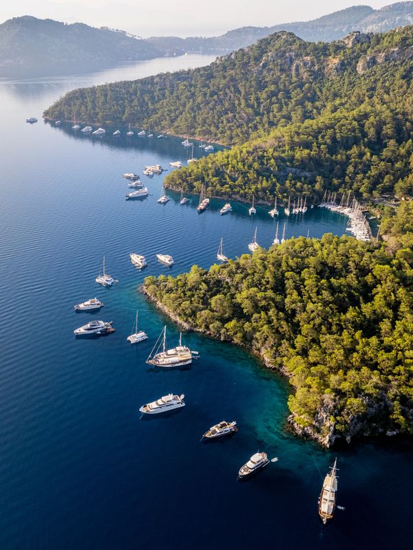 Boats anchored around a lush, forested coastline in clear blue waters.