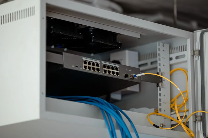 single rack LAN network switching in cabinet install internet sharing link site with Fiber optic gigabit.