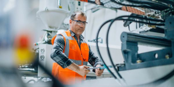 Engineer in orange safety vest working with machinery.