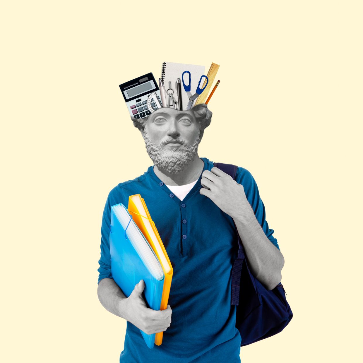 A student with a classical statue head filled with school supplies.