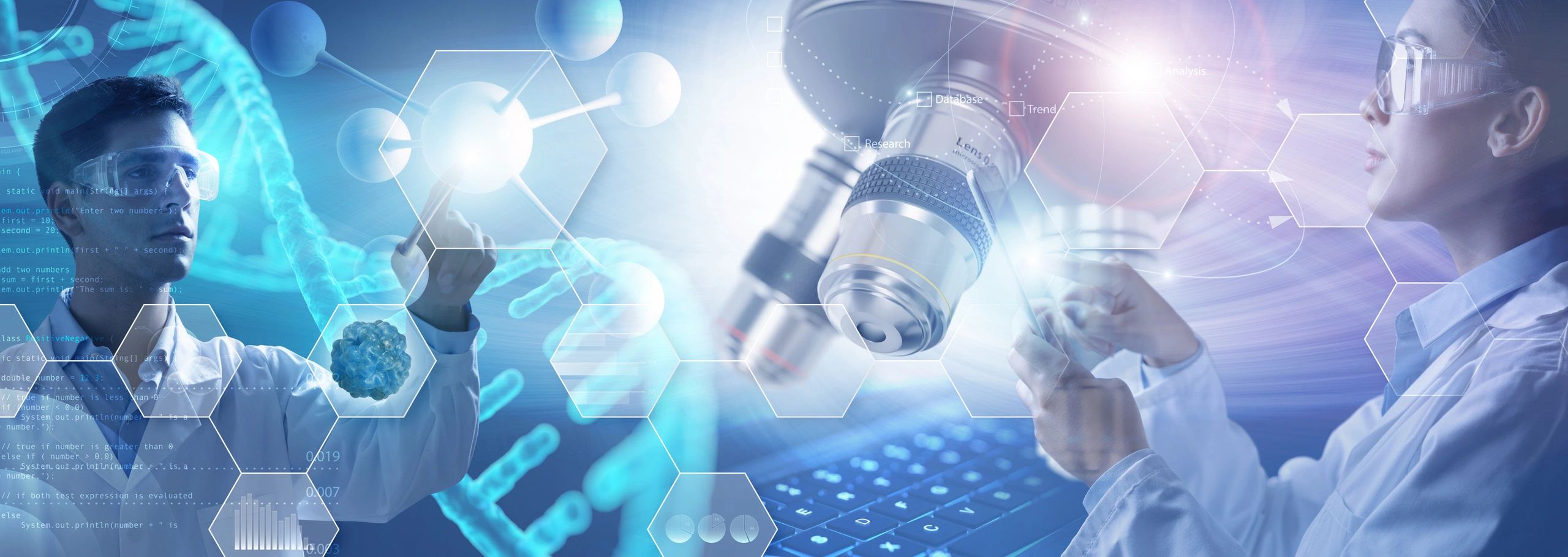 Scientists analyzing molecular and DNA structures using advanced technology.
