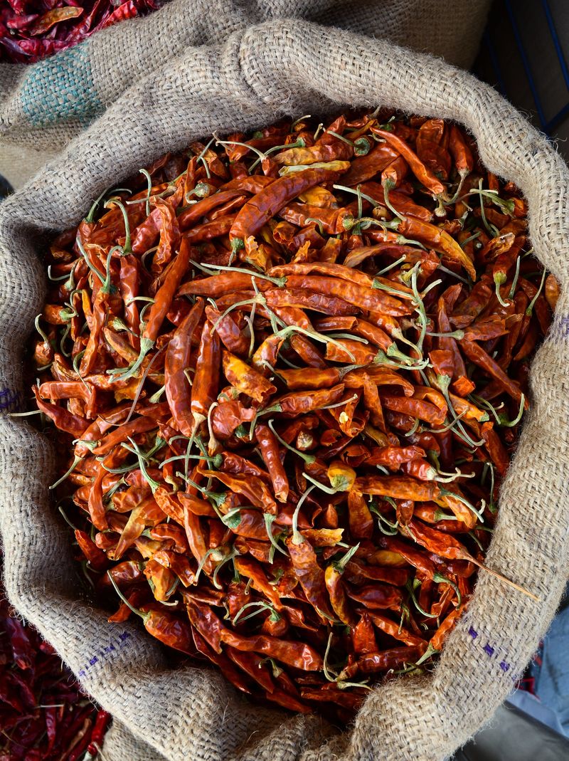 Dried red chilli or chilli cayenne pepper for sale at local Asian market.