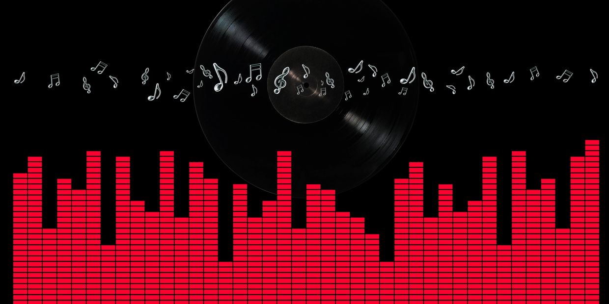 A vinyl record with musical notes and a red equalizer on black background.