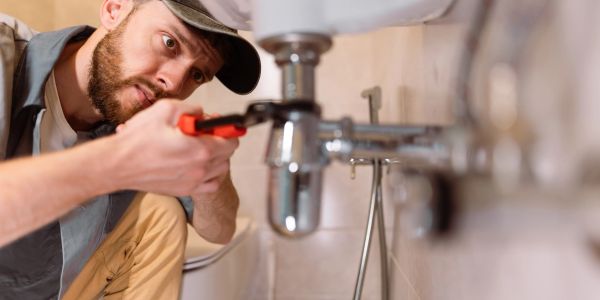 Man fixing a pipe under the sink.