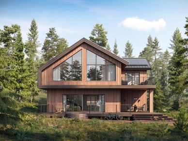 Modern wooden house nestled in a forest.