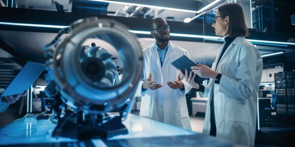 Scientists discussing a technical project in a high-tech lab.