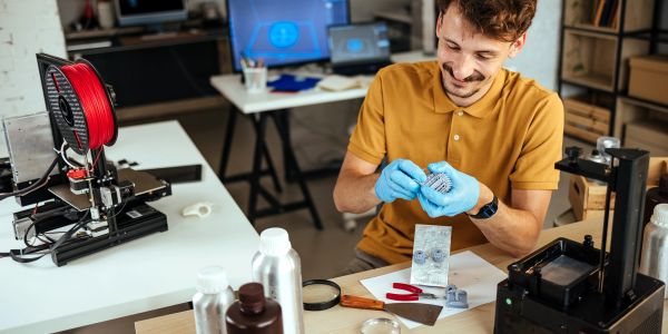 Man smiling while holding a 3D printed object in a workshop.