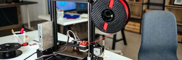 A 3D printer with an orange enclosure in operation.