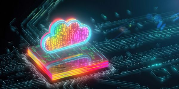 A neon cloud symbol above a glowing circuit board.