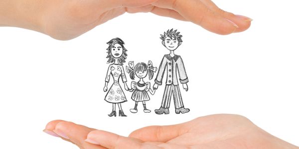 Hands protecting a drawn family of three, symbolizing care and security.