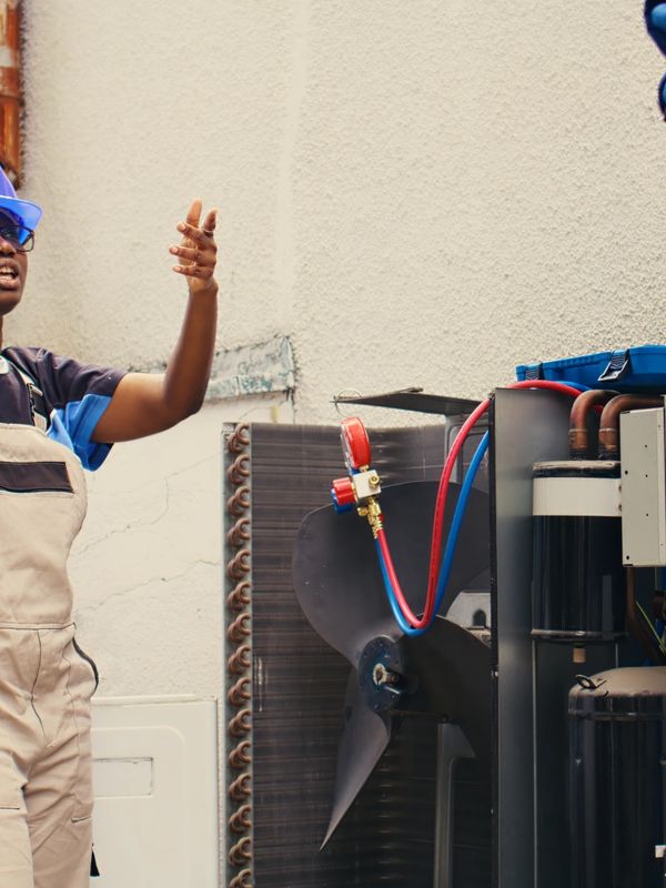 Female technician instructing colleague during HVAC maintenance outdoors.