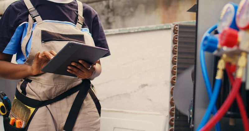 Close up of expert electrician calibrating ac gauges vacuum pump during comissioned hvac system troubleshooting. Experienced wireman looking for potential low pressure in condenser cooling system