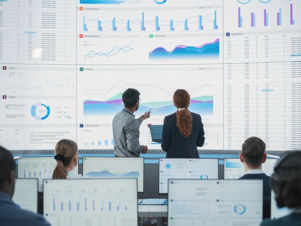 Team analyzing data on large wall screens