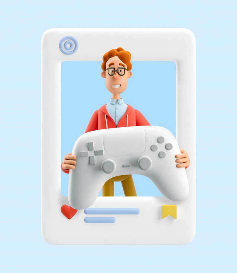 3d illustration. Social media concept. Nerd Larry with gamepad .