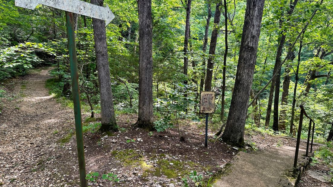 Rusty arrow sign pointing right at a forest trail fork on a sunny day.