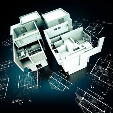 3D architectural models of buildings overlaid on technical floor plans.