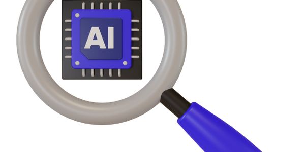 Magnifying glass focusing on an AI microchip representing artificial intelligence technology.