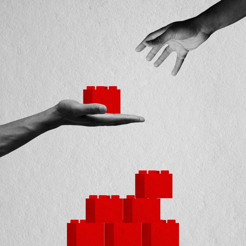 Contemporary art collage. Building career. Hand putting puzzles together. Growing personal and professional success. Concept of business, office, career, creativity, growth, achievement, ad