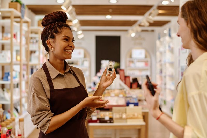 Young smiling saleswoman giving consultation to customer about perfume in cosmetics store