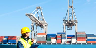 Worker in safety gear communicates at a busy shipping port with container cranes.