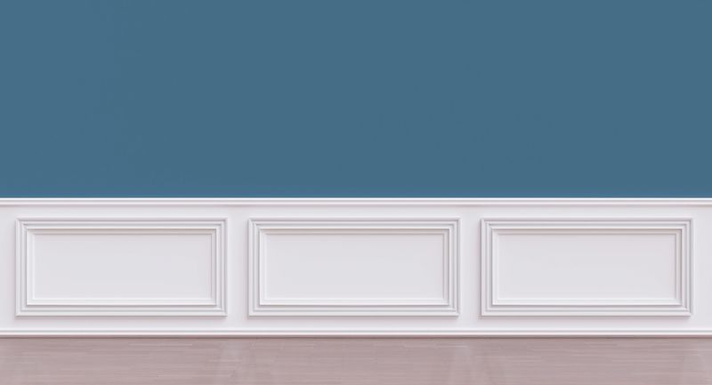 Classic white wainscot on empty blue wall. Retro panel wall and wooden floor room interior background. Beadboard wood decoration. 3d render