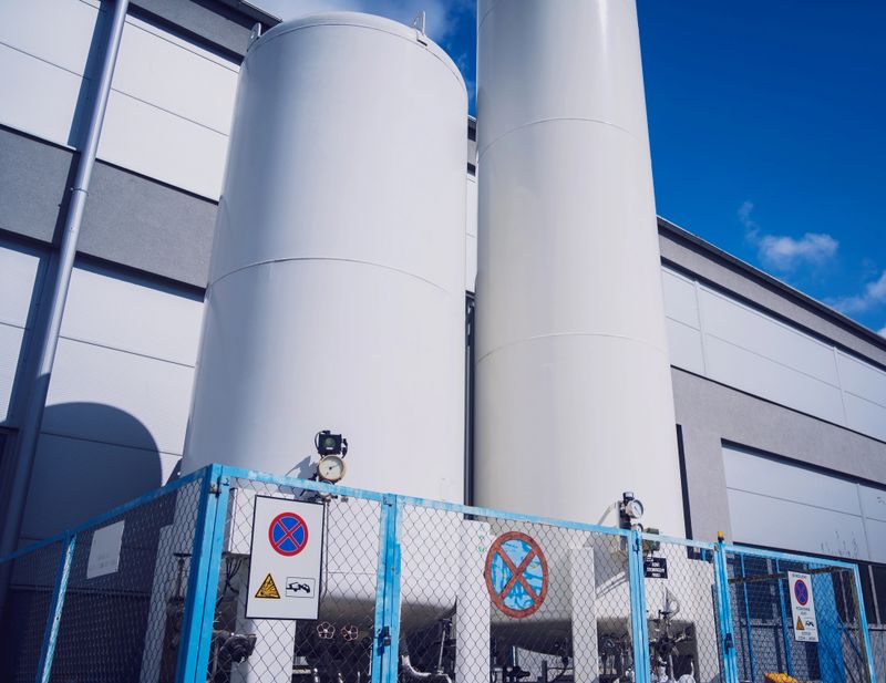 Liquid nitrogen tanks and heat exchanger coils for producing industrial gas.