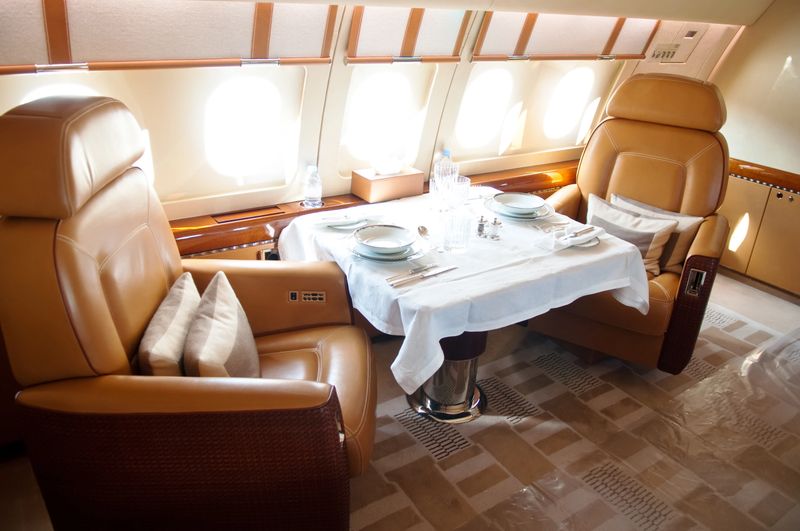 Interior of luxurious corporate airplane.