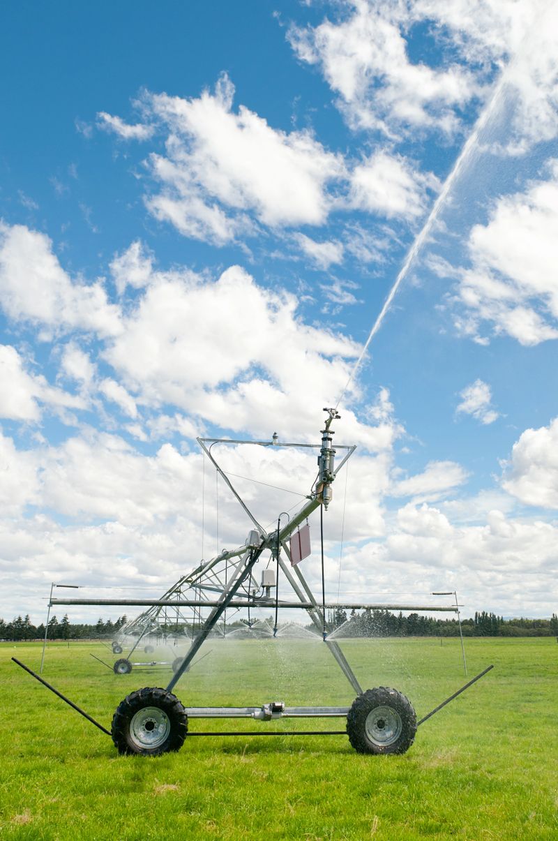 A long row of irrigation equipment in use in a grass field during summer.