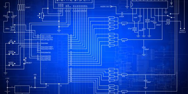 Blueprint of an electronic circuit diagram on a blue background.