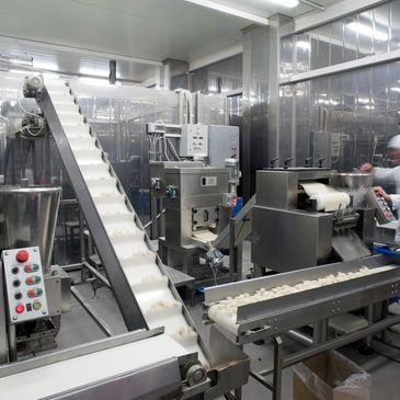 Food processing line in a factory.