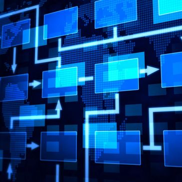 Digital flowchart with glowing blue arrows and rectangles on a dark world map background.