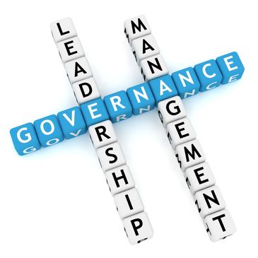 Crossword-style blocks with words related to governance and management.