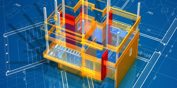 3D architectural model overlaid on detailed blueprints.