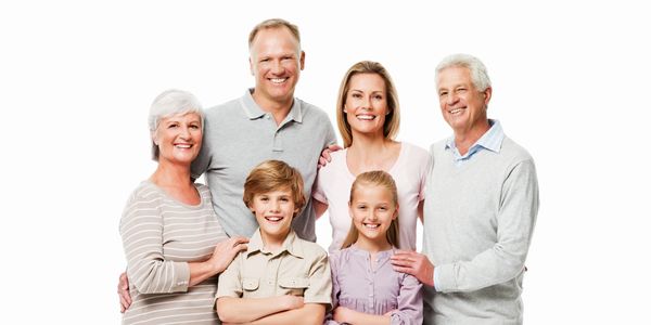 Smiling three-generation family portrait.