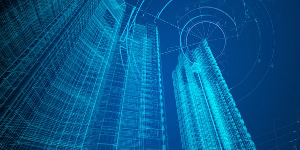 Digital wireframe of futuristic skyscrapers in blue.