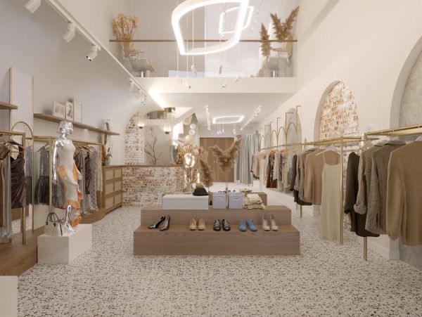 Modern boutique interior with clothing and shoes display.