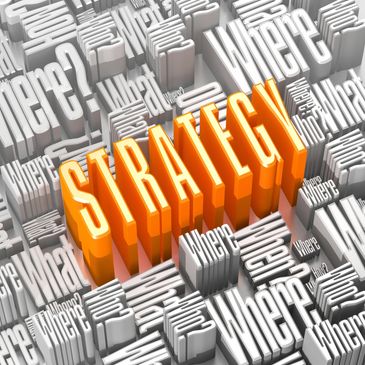 Orange 3D word "STRATEGY" among white question words like "Where?" and "What?".