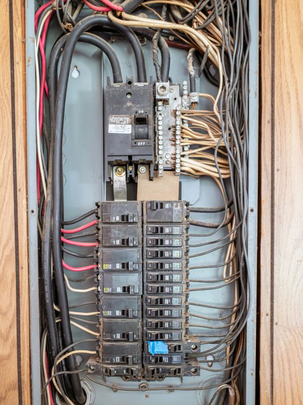 Open electrical panel with circuit breakers and wiring.