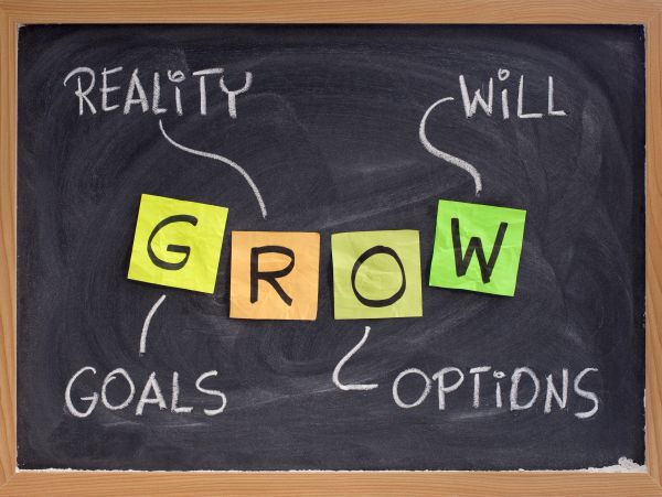 Chalkboard with the word GROW and related motivational words.