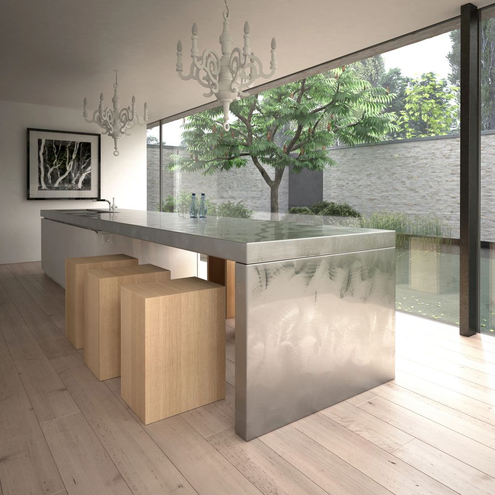 Modern kitchen with reflective island, wooden stools, and large glass window overlooking garden.